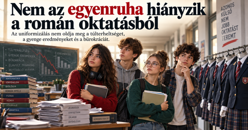 Diákok és iskolai egyenruhák a román oktatás problémáiról szóló véleménycikk illusztrációján
